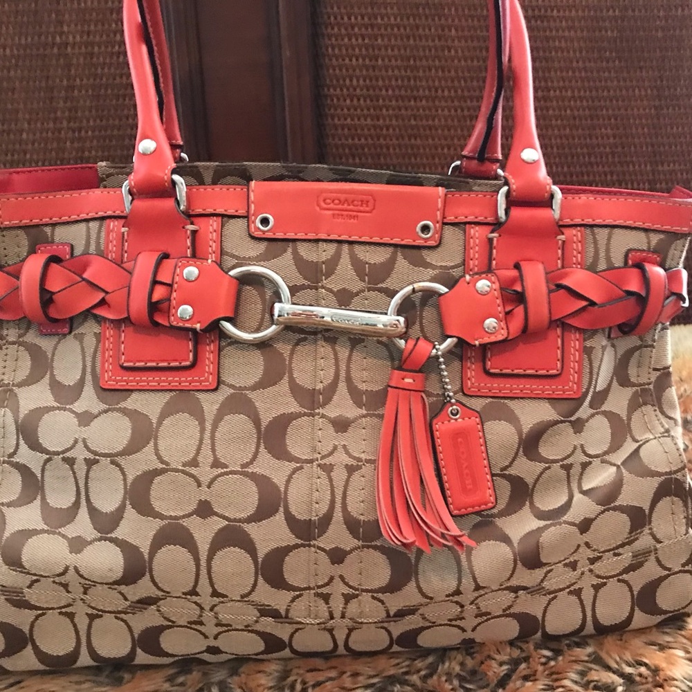 Coach Hampton F13068 Brown Signature Logo Canvas Double Handle Zip Tote Bag